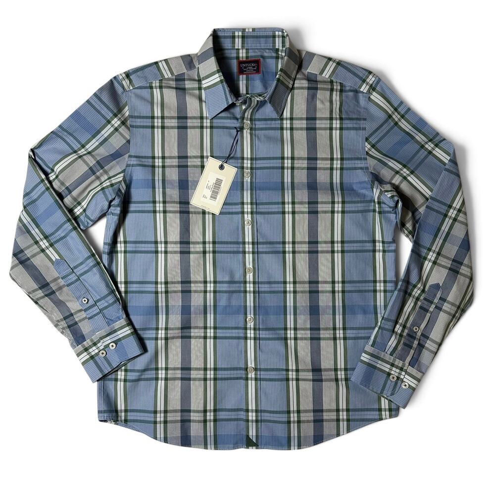 UNTUCKit Malibran Wrinkle Free Shirt Mens Size L Blue Green Plaid Slim Fit NWT